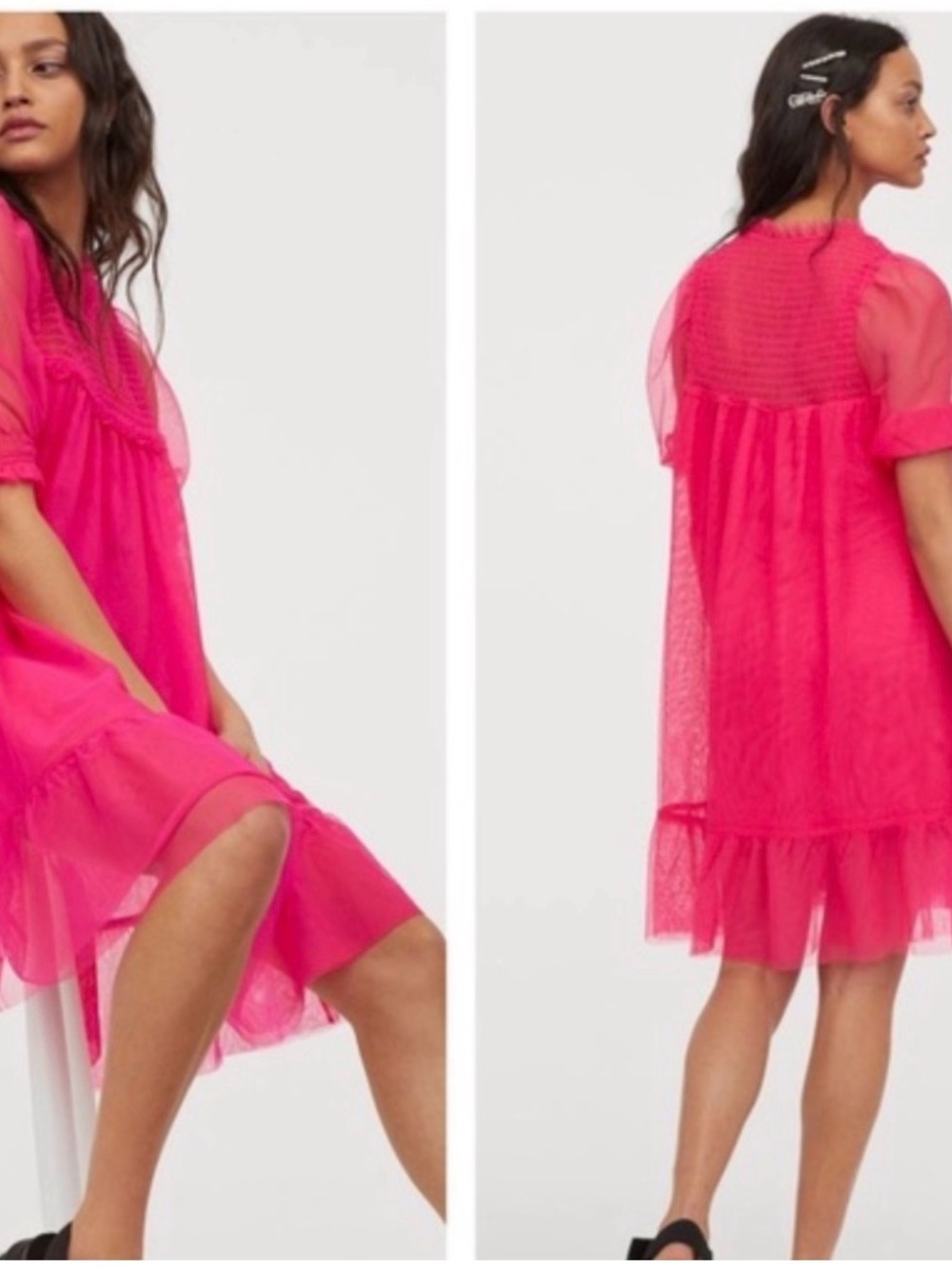 NWT “to all the boys I’ve loved before” H&M Hot Pink Sheer Tiered Babydoll Dress